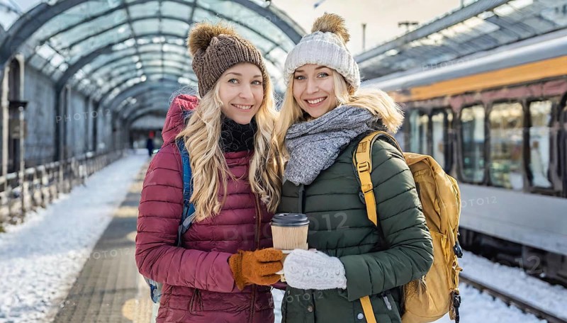 AI generated, Two young blonde woman want to travel and wait in the station for the train, 20, 25, blond, blonde, blonde, modern, modern, handbag, jeans, winter jacket, white, sneakers, shoes, bobble hat, coffee to go in hand, transport, traffic, two people, ice, snow, winter
