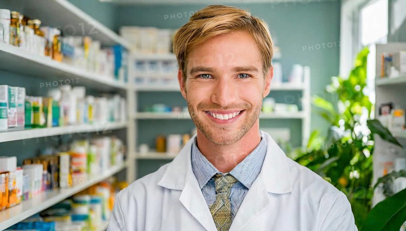 AI generated, A young pharmacist in his pharmacy, portrait, 30, 35, years, man, men, male, bearded, beautiful teeth, smiling, profession, professions, medicines in the background, a person