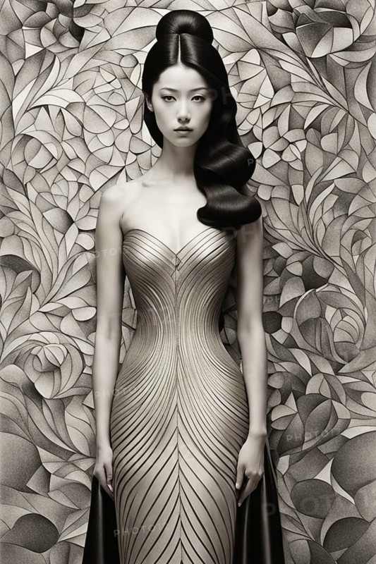 Elegant woman in a styled dress against a floral pattern backdrop, AI generated