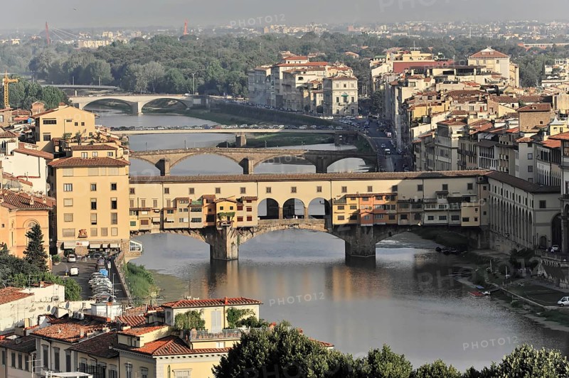 View of the Ponte Vecchio and the city of Florence from Monte alle Croci, Tuscany, Italy, Europe