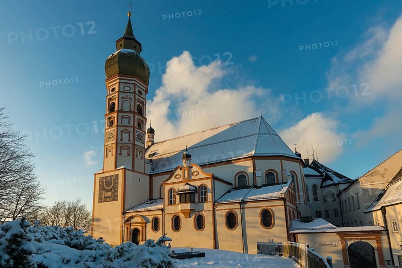 Andechs Monastery in winter, sunset, Fuenfseenland, Pfaffenwinkel, Upper Bavaria, Bavaria, Germany, Europe