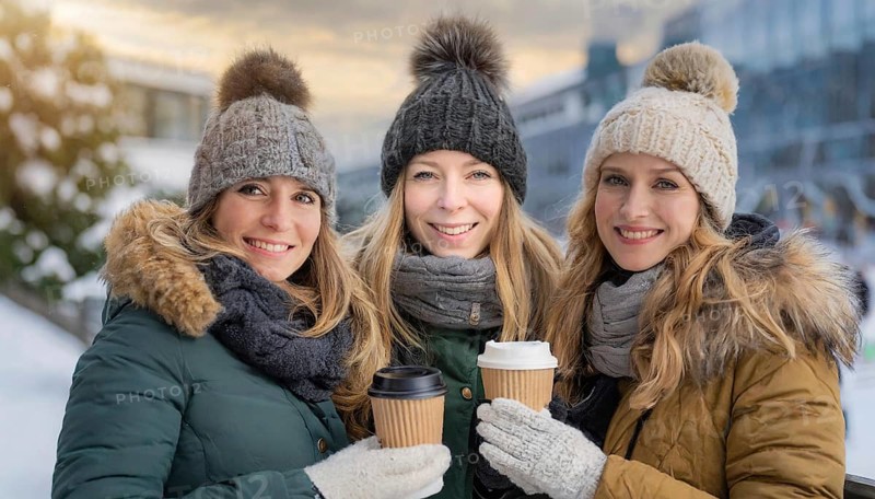 AI generated, human, humans, person, persons, woman, woman, three persons, coffee, coffee mug, coffee to go, outdoor shot, ice, snow, winter, seasons, drinks, drinking, cap, bobble hat, gloves, winter jacket, cold, cold, portrait