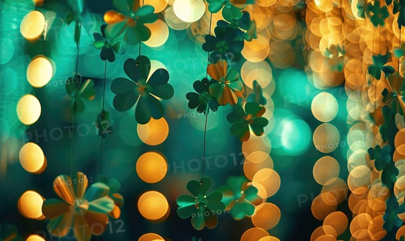 St. Patricks Day background with green clover leaves and bokeh. AI generated