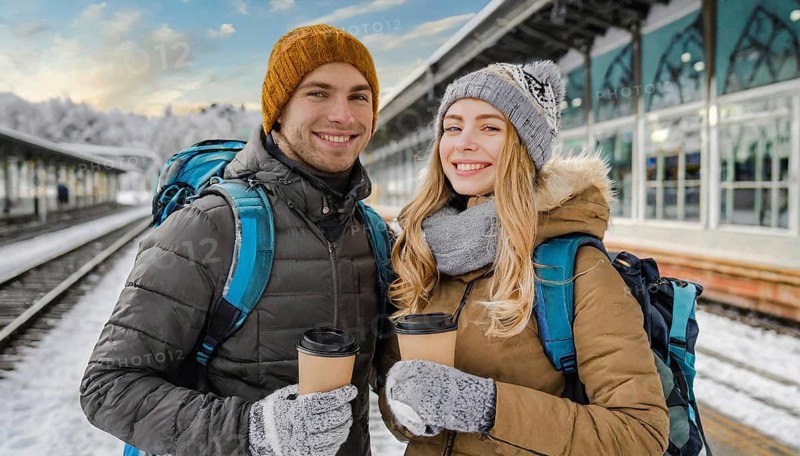 AI generated, woman, woman, man, men, A young couple wants to travel and is waiting for the train at the station, 25, 30, sneakers, shoes, sexy, attractive, attractive, long-haired, handbag, transport, traffic, backpack, bobble hat, coffee to go in hand, coffee, coffee cup, ice, winter, snow, two people sitting on the bench