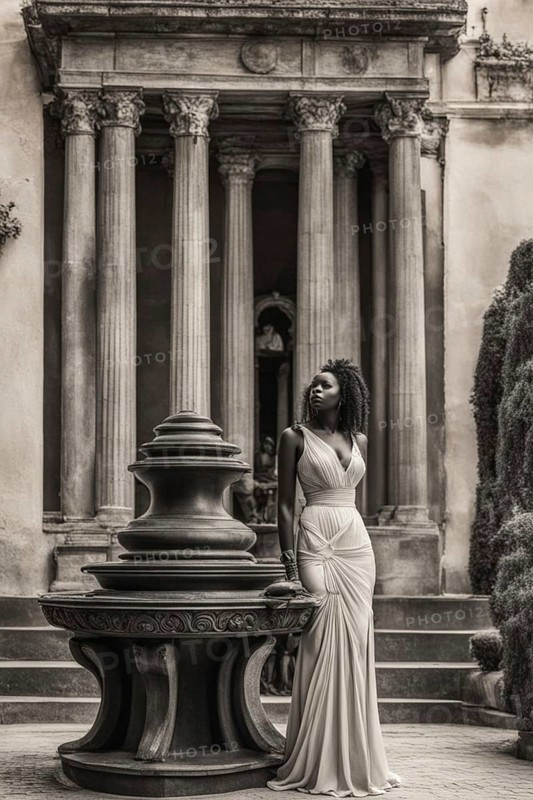Woman in sophisticated dress by a classical entryway with urn, AI generated