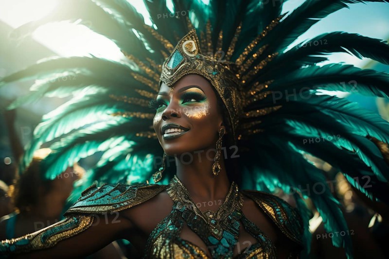 Captivating image capturing the essence of the Rio Carnival, showcasing a dancer adorned in an elaborate, vibrant costume, embodying the spirit and energy of this iconic festival, AI generated