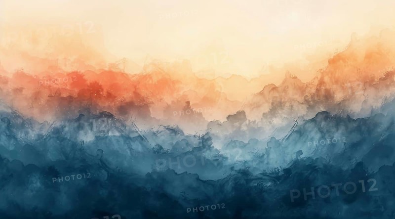 Serene abstract in orange and blue gradients with a calming watercolor effect, ai generated, AI generated