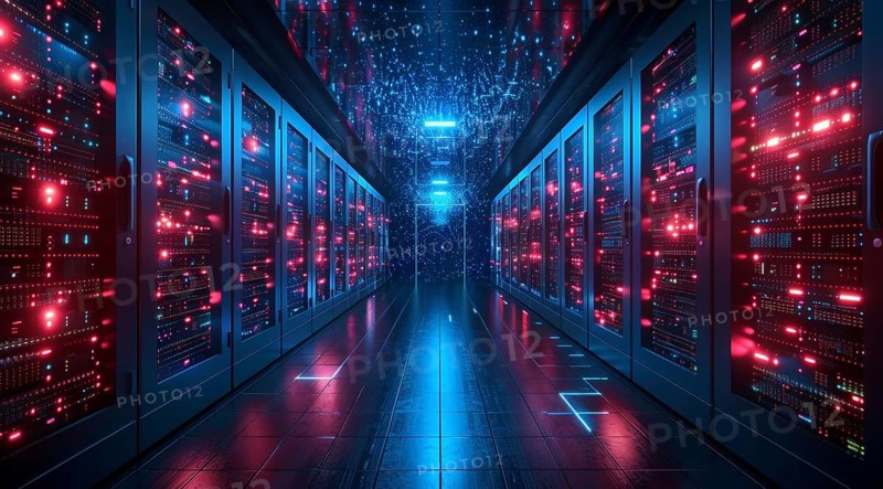 Data center with blue lights shining from server cabinets down a narrow walkway, ai generated, AI generated