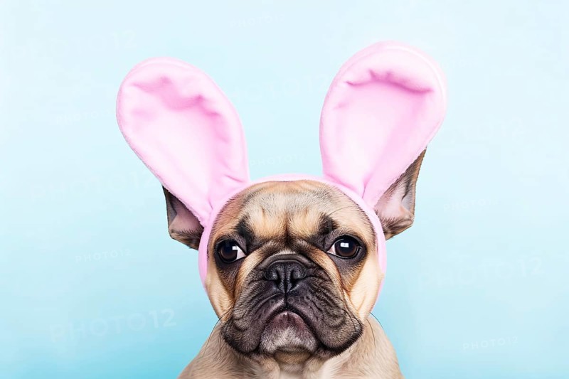 Cute French Bulldog dog with large pink Easter bunny ears on blue background. KI generiert, generiert AI generated