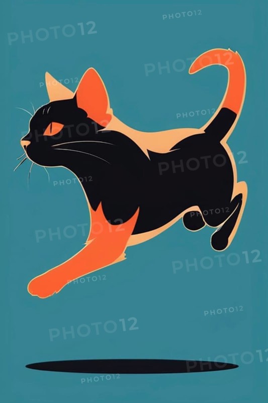 Stylized illustration of a black cat stretching on a teal background, minimalist vintage design muted faded, bright background, AI Generated, AI generated