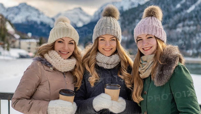 AI generated, human, humans, person, persons, woman, woman, three persons, coffee, coffee mug, coffee to go, outdoor shot, ice, snow, winter, seasons, drinks, drinking, cap, bobble hat, gloves, winter jacket, cold, cold, portrait