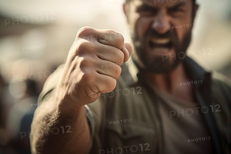 Violent man with raised fist. KI generiert, generiert AI generated
