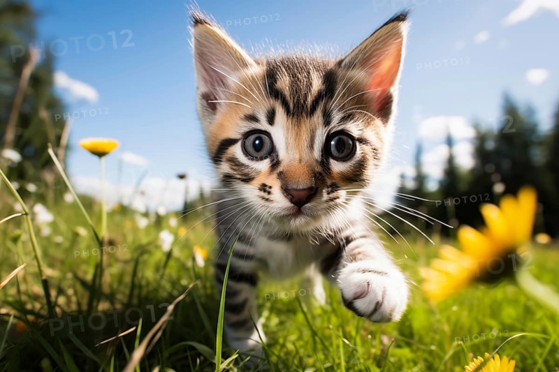 Playful Cute Kitten outdoors in Sunlit Grass. Kitten excitement and wonder as it explores the natural environment on a sunny day, AI generated