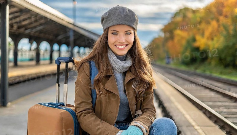 AI generated, A young blonde woman wants to travel and waits for the train at the station, 20, 25, blonde, blond, blonde, modern, modern, aluminium suitcase, handbag, fur jacket, white, sneakers, shoes, sexy, attractive, attractive, long-haired, transport, traffic
