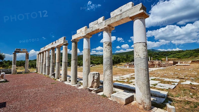 A row of ancient marble columns against a blue sky, Stoa of the Agora, Archaeological site, Ancient Messene, capital of Messinia, Messini, Peloponnese, Greece, Europe