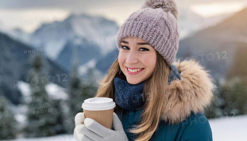 AI generated, human, humans, person, persons, woman, woman, one, coffee, coffee cup, coffee to go, outdoor, ice, snow, winter, seasons, drinks, drinking, cap, bobble hat, gloves, winter jacket, cold, cold weather
