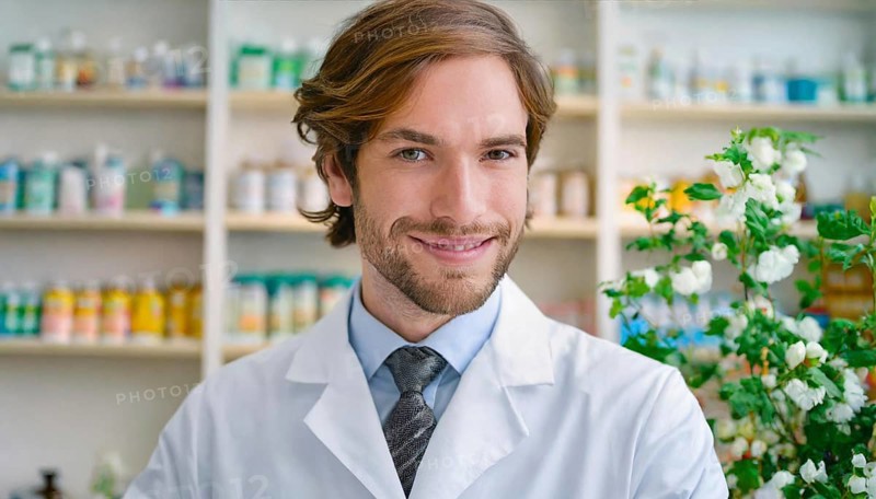 AI generated, A young pharmacist in his pharmacy, portrait, 30, 35, years, man, men, male, bearded, beautiful teeth, smiling, profession, professions, medicines in the background, a person