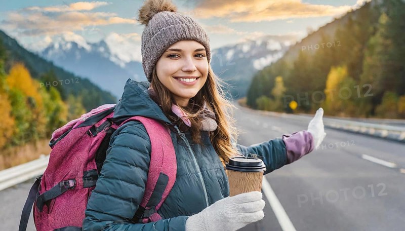 AI generated, human, humans, person, persons, woman, woman, one person, 20, 25, years, outdoor, seasons, cap, bobble hat, gloves, winter jacket, cold, cold, backpack, woman wants to travel, hitchhiking, hitchhiking, hitchhiking, road, motorway, coffee to go in hand, coffee, drink