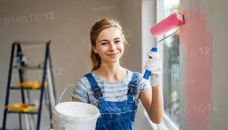 AI generated, woman, woman, a young girl paints a wall with new colour, pink, pink, renovation of old flat, paint roller, ladder, paint, 20, 25, years, one, one person, daughter, student, pastime, family, girl, smiling, smiling, fun at work, laughing, laughing, laughing, dungarees, jeans