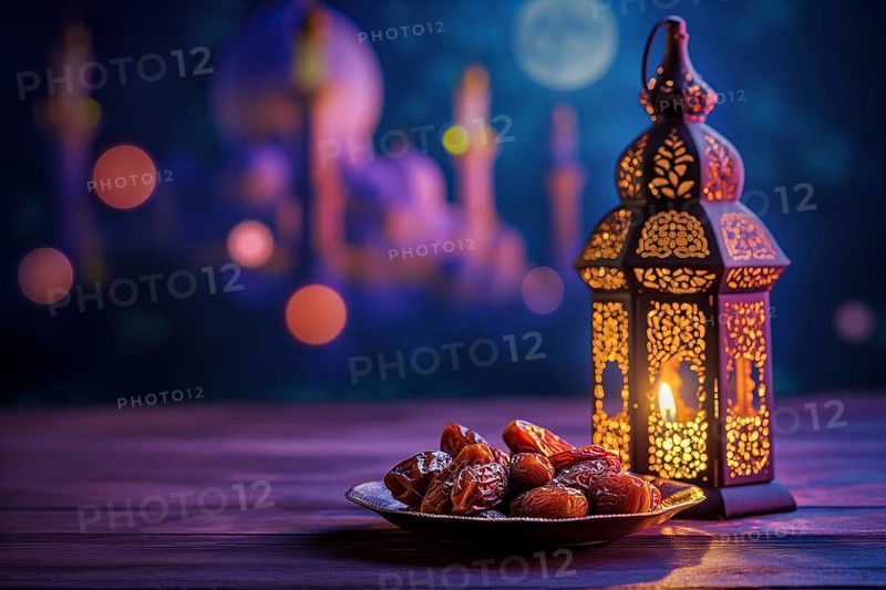 Ramadan lantern with a plate of succulent figs in violet purple tones with mosque and moon, set on an ornate table with intricate designs. Rich traditions and serene moments of the holy month Ramadan, AI generated