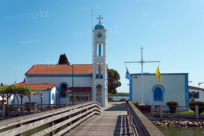 Church during the day with blue sky and access via a wooden bridge, Monastery of St Nicholas, Monastery of Agios Nikolaos, Agiou Nikolaou, Vistonidas Burma Lagoon, Porto Lagos, Xanthi, Eastern Macedonia and Thrace, Greece, Europe