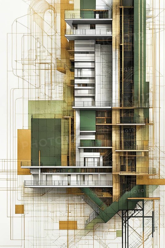 Architectural sketch of a modern building with olive green and gold sections, vertical aspect ratio, off white background color AI generated
