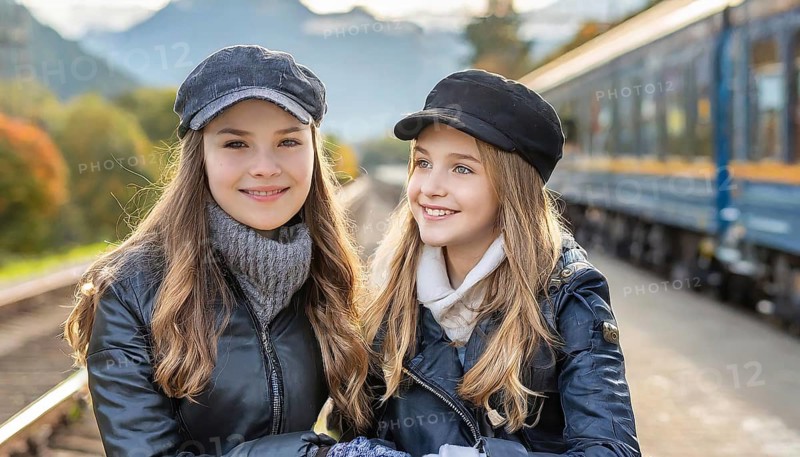 AI generated, Two young blonde woman want to travel and wait in the station for the train, 18, blond, blonde, modern, modern, suitcase, handbag, leather jacket, white, sneakers, shoes, sexy, attractive, attractive, long-haired, transport, traffic