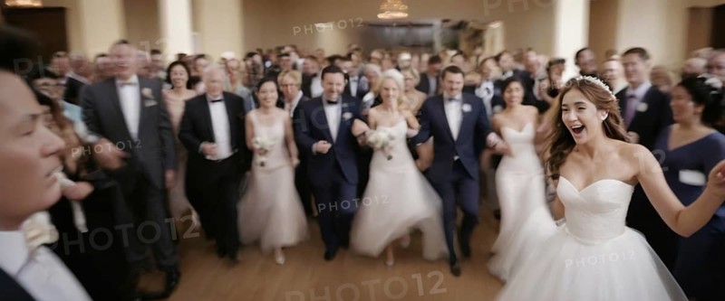 A jubilant moment at a wedding with the couple and guests in a celebratory haze, horizontal wide aspect ratio, daylight, AI generated