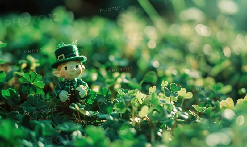 Saint Patrick's Day. Leprechaun sitting on clover. AI generated