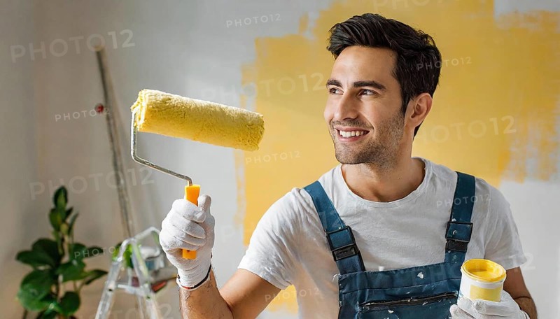 AI generated, man, men, a painter paints a wall with new yellow paint, father, renovation of old flat, paint roller, ladder, yellow, paint, 25, 30, years, a, person, occupation, occupations, leisure activity, family, smiles, smiling, fun at work, laughing, laughing, laughing, friend, partner, man