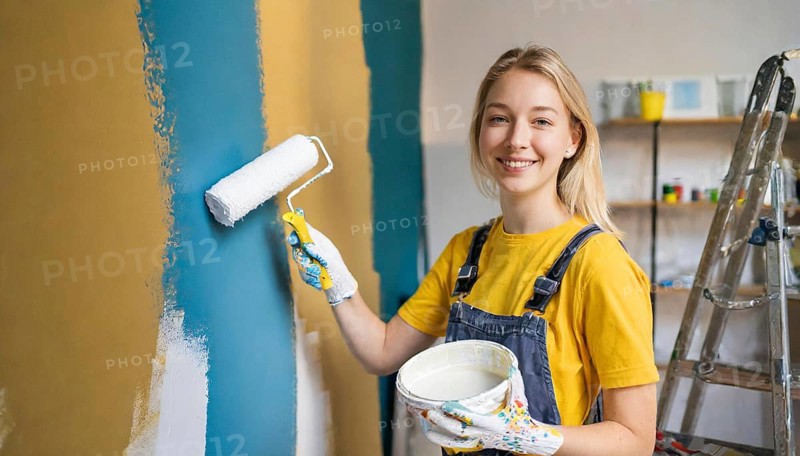 AI generated, woman, woman, a young girl paints a wall with new paint, white, white, renovation of old flat, paint roller, ladder, paint, 20, 25, years, one, one person, daughter, student, pastime, family, girl, smiling, smiling, fun at work, laughing, laughing, laughing, dungarees, jeans