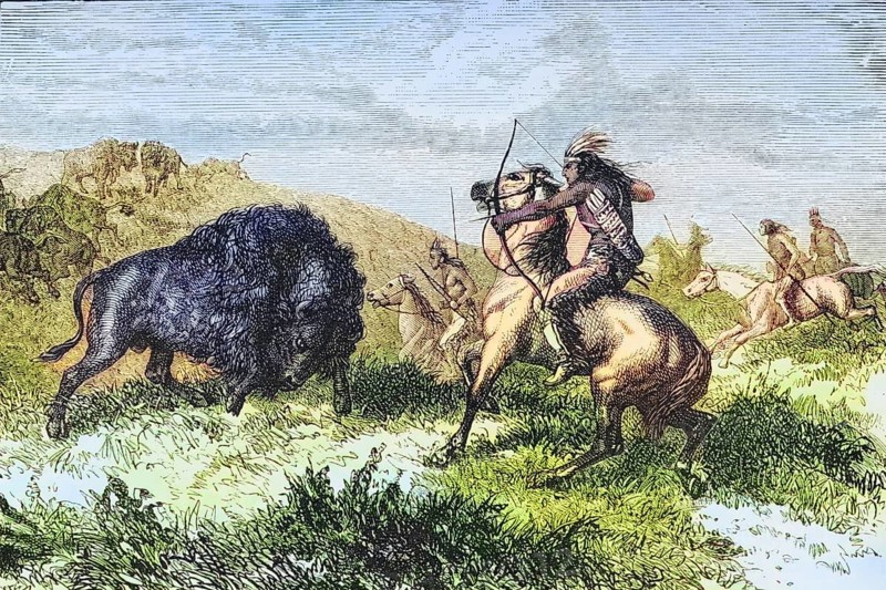 American Indians hunting buffalo. From American Pictures Drawn With Pen And Pencil by Rev Samuel Manning c. 1880, United States, America, Historic, digitally restored reproduction from a 19th century original, Record date not stated, North America