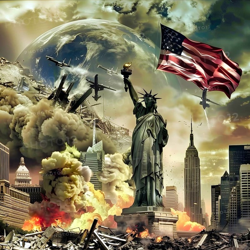 A collage of New York, with the Statue of Liberty, explosions, collapsing skyscrapers US flag and the Empire State Building in the background, AI generated, AI generated