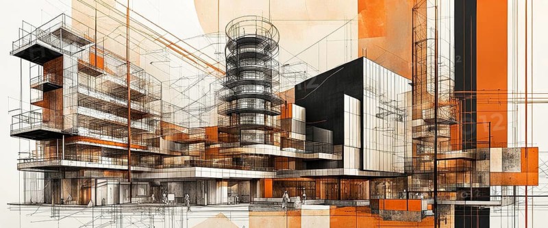 Sketch and orange color overlay of a modern, conceptual urban building design, horizontal aspect ratio, off white background, AI generated