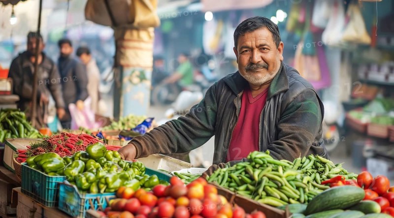 Cheerful vendor in a warm jacket at a vegetable stand filled with bell peppers and tomatoes, ai generated, AI generated