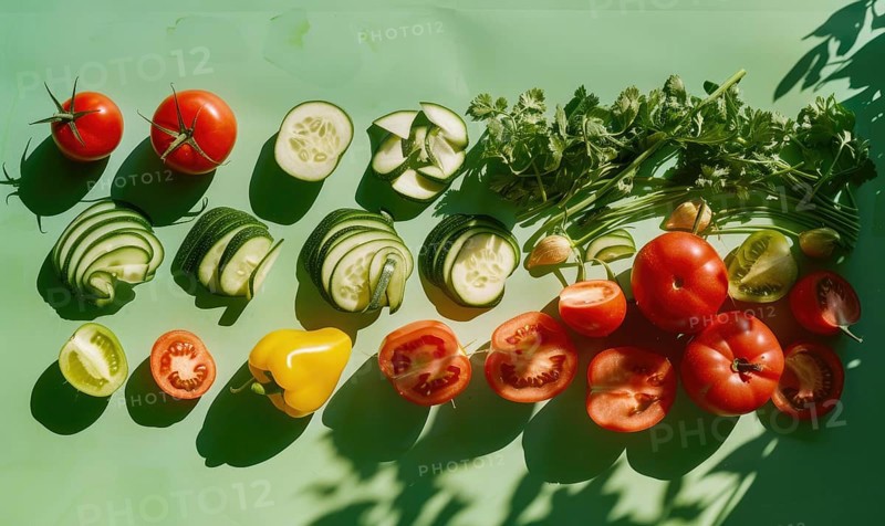 Fresh vegetables on a green background. Top view. Flat lay. AI generated
