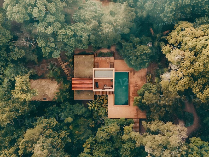 Aerial shot of a secluded house with a swimming pool surrounded by dense greenery, Playa del Carmen beach in Mexico, AI generated