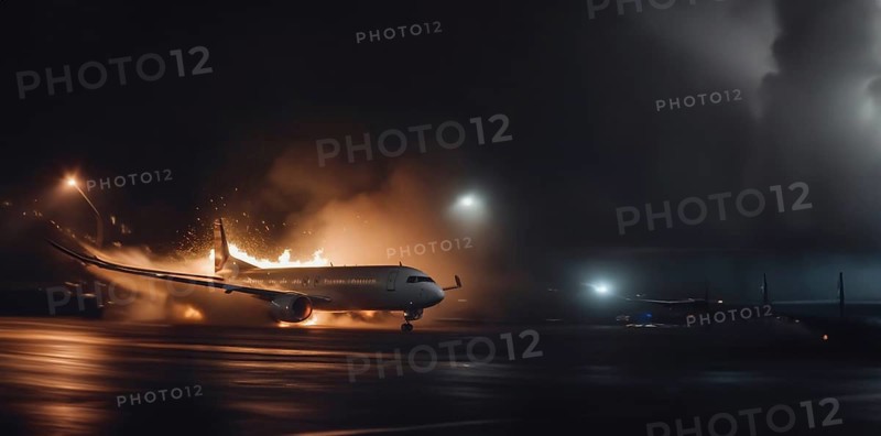 Plane crash, plane burns in stormy sky, emergency landing of plane, AI generated
