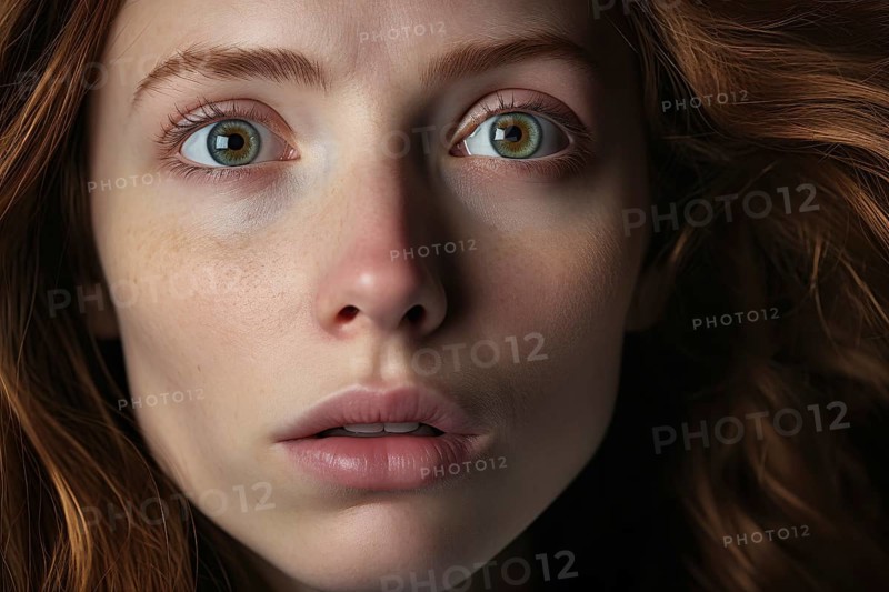 Close up of woman's face with shocked or scared expression. KI generiert, generiert AI generated