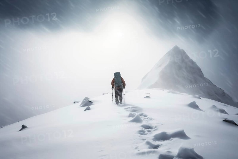 A mountaineer in mountains approaching a majestic snowy mountain peak amidst a snowfall and snow storm. Solitude and determination, adventure and challenge of climbing in extreme conditions, AI generated