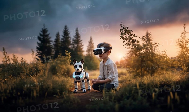 Child in VR glasses with a robot dog in nature. The concept of robotics in children's lives, AI generated
