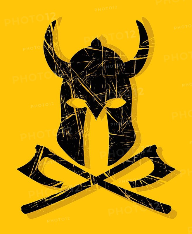 Viking helmet and axe symbol, vector grunge effect