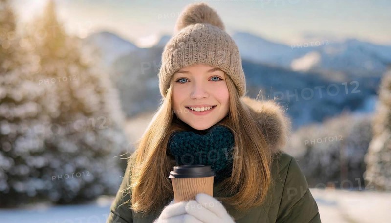AI generated, human, humans, person, persons, woman, woman, 25, years, one person, outdoor, ice, snow, winter, seasons, drinks, drinking, hat, bobble hat, gloves, winter jacket, cold, cold, coffee, coffee mug, coffee to go