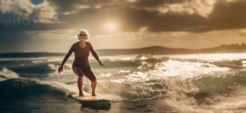 Old gray-haired happy woman surfing on the sea. Athletic old age, active lifestyle, AI generated
