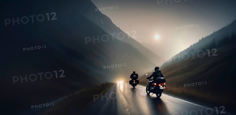 Two motorcyclist friends travel on motorcycles with panniers through the mountains at sunset, AI generated