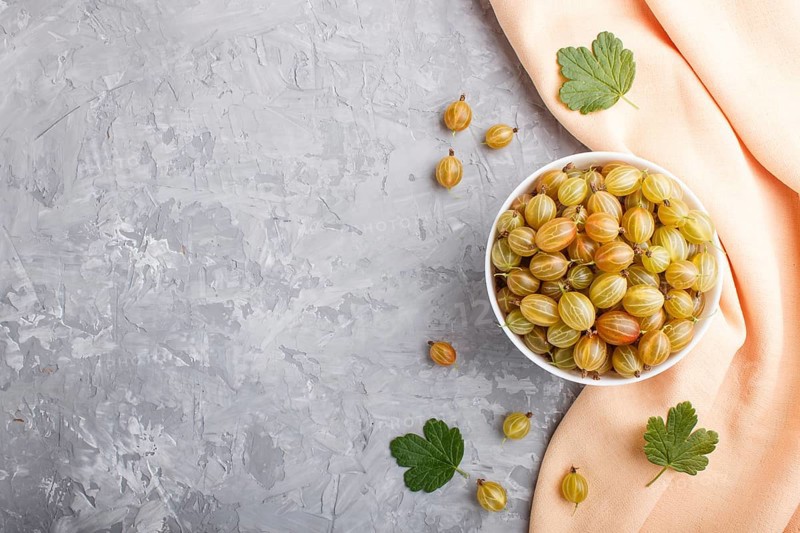 Fresh green gooseberry in white bowl with orange textile on gray concrete background. top view, copy space