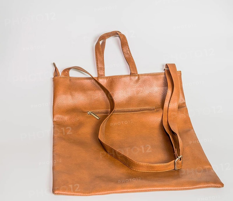Brown leather shoulder bag with front zipper pocket isolated on white background