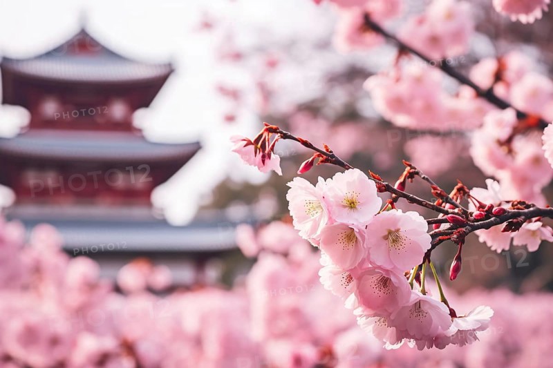 Japanese cherry flower blossom with blurry Asian temple building entrance gate in background. KI generiert, generiert AI generated