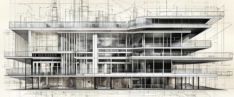 Black and white schematic of a modern multi-story building design, horizontal aspect ratio, off white background, AI generated