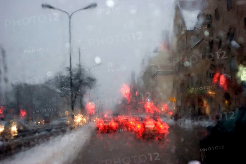 Poor visibility through the windshield in rain and snow, Munich, Bavaria, Germany, Europe